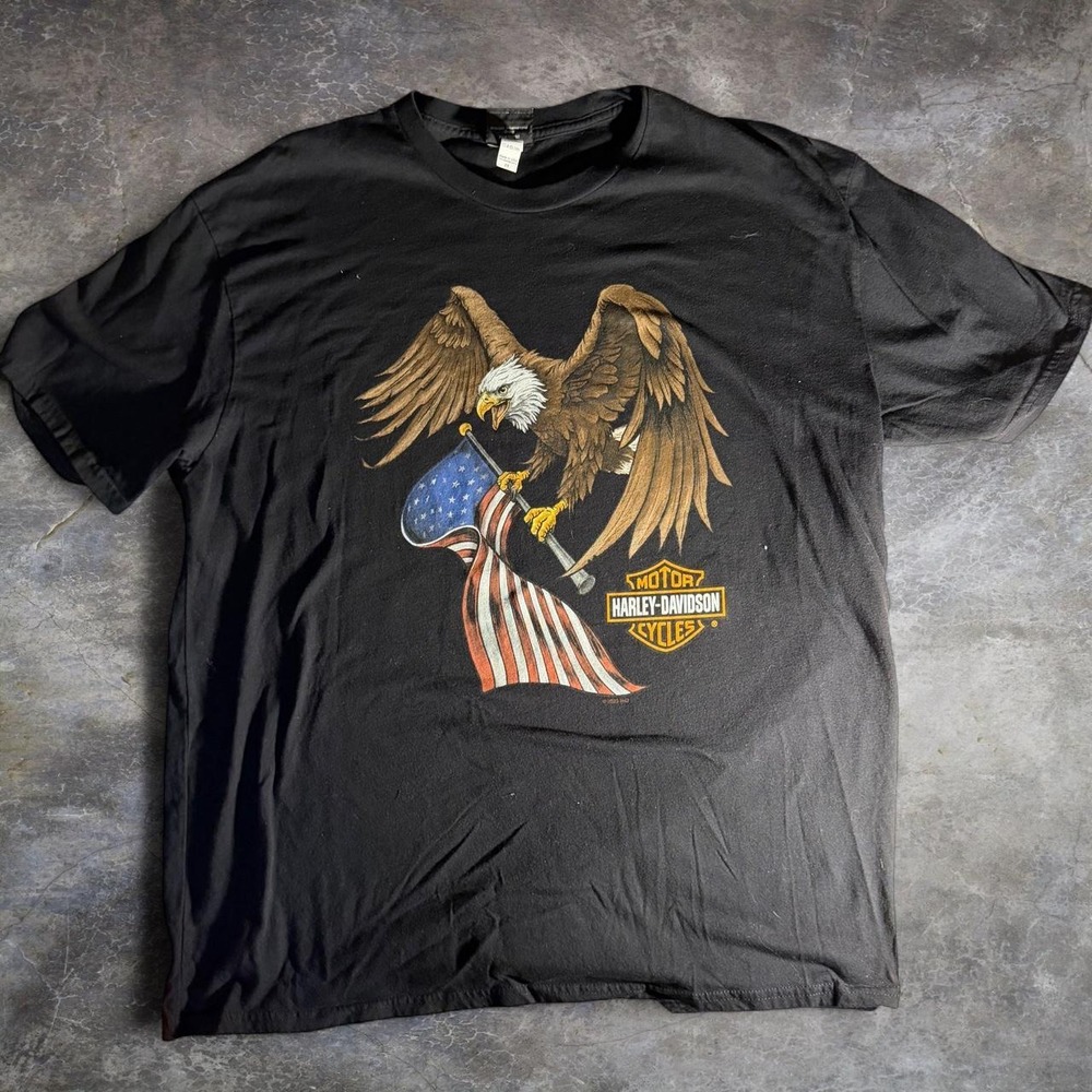 Harley-Davidson Mens Black Eagle American Flag Graphic T-Shirt 2XL Made in USA
